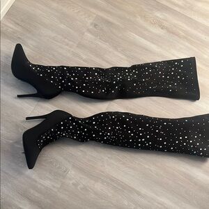 Black Rhinestone Over-the-Knee Boots